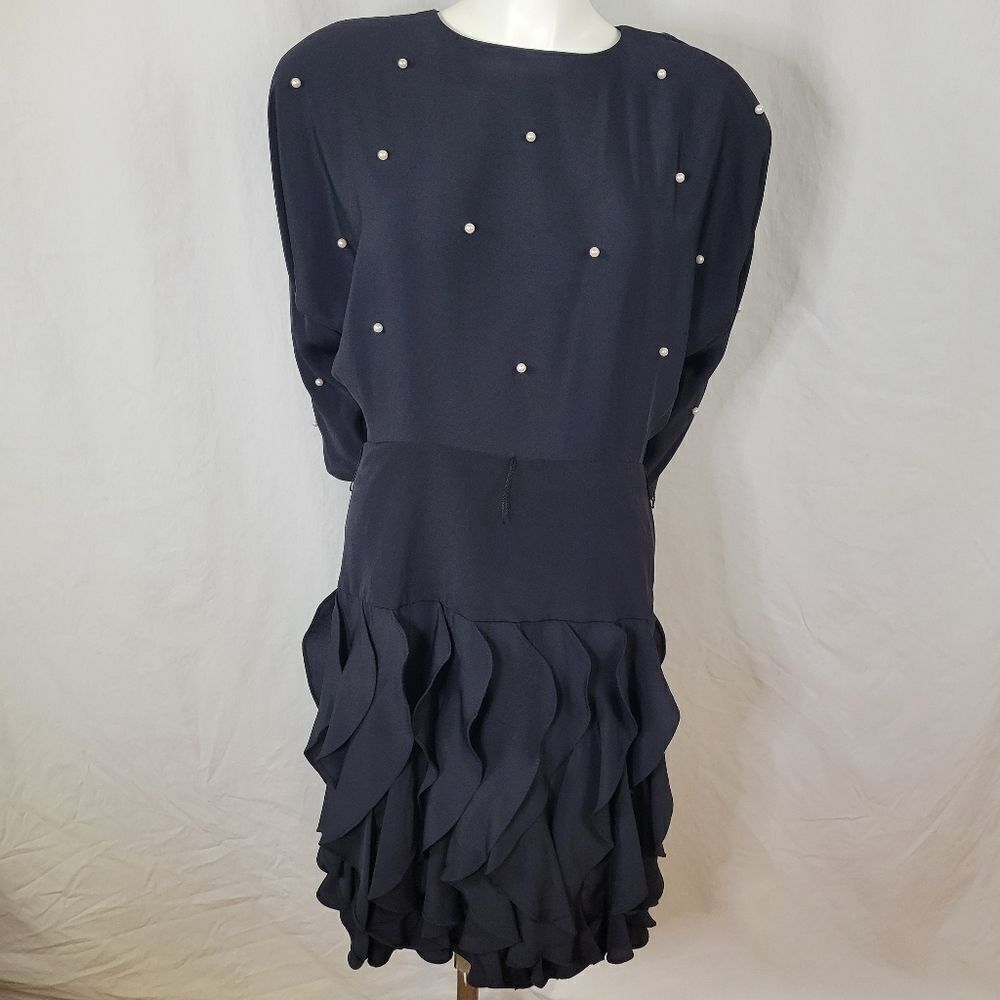Betsy &‎ Adam Black Ruffle Skirt Faux Pearl Accent Sheath Dress Size 9/10